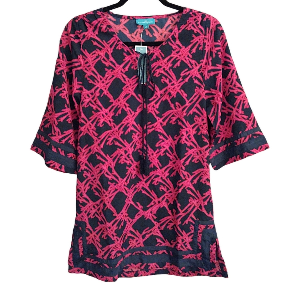 Southern Frock Coral Design Tunic Top, Size XS, Navy/Pink/Red, NWT